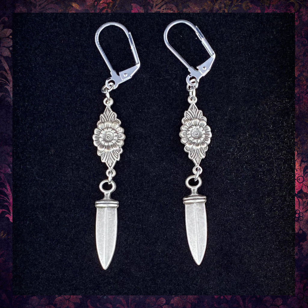 Silver Floral Dagger Earrings