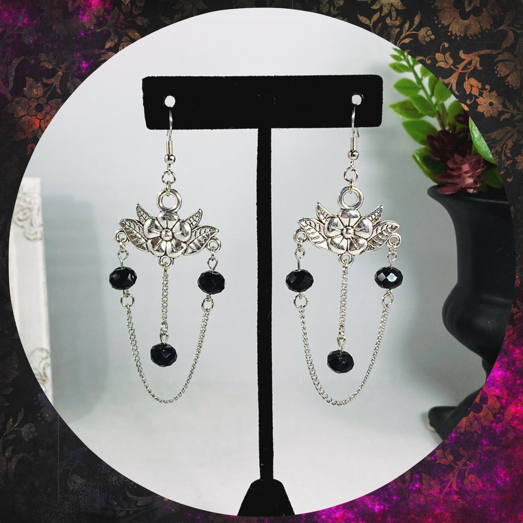 The Begonia - Silver floral chandelier chain earrings