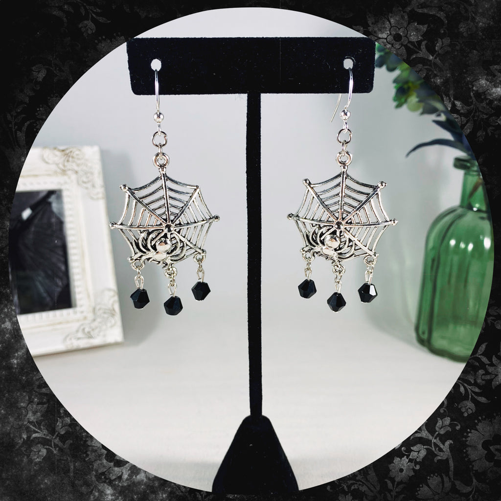 The Catcher - gothic spiderweb chandelier earrings